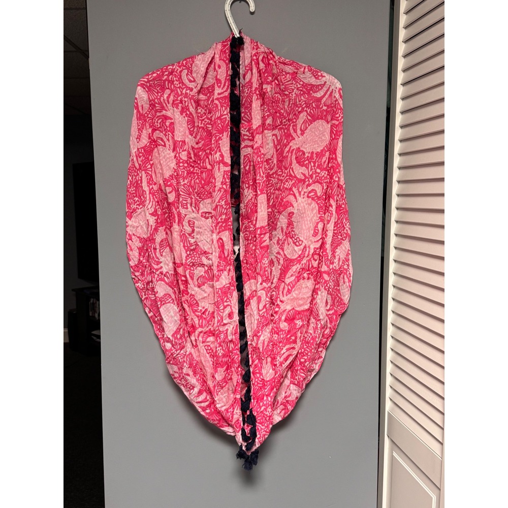 Lilly Pulitzer Pink Crab Print Infinity Scarf Navy Tassel Trim 76109 Cottagecore